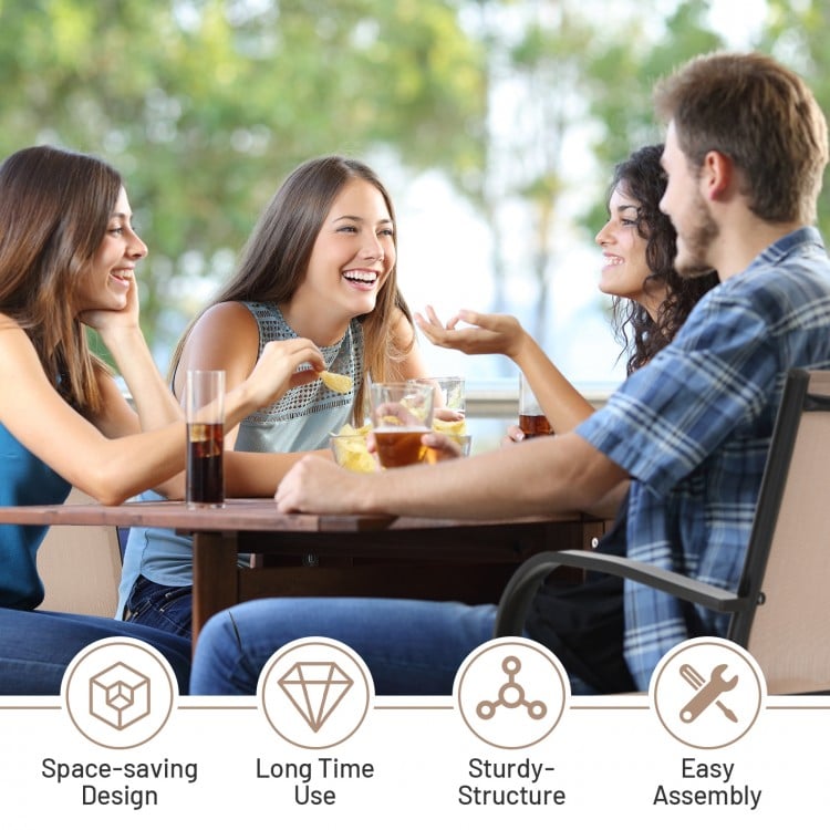 Set of 2 stackable patio dining chairs with armrests, brown, featuring durable fabric and rust-resistant steel frame.