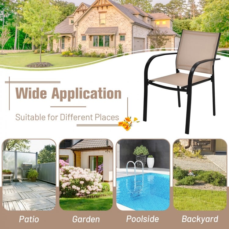 Stackable dining chair with armrests in brown, featuring a durable steel frame, ideal for patio and garden use.