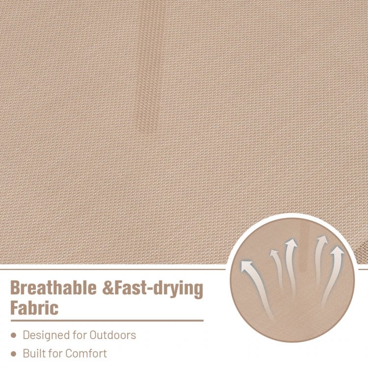Close-up of breathable, fast-drying fabric for stackable patio dining chairs, designed for outdoor comfort and.