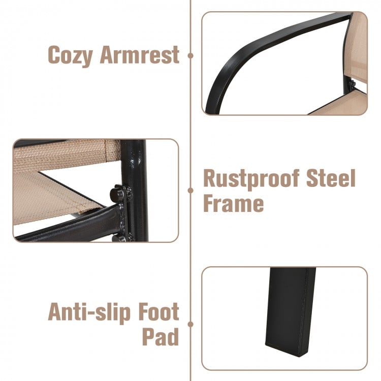 Cozy armrest and anti-slip foot pad of brown stackable patio dining chair with rustproof steel frame for outdoor.