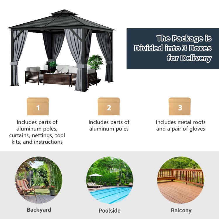 10 x 10 feet gray double-top hardtop gazebo with galvanized steel roof, ideal for backyard, poolside, or balcony use.