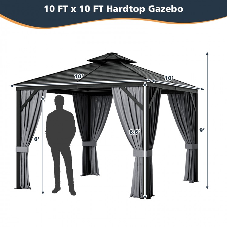 10x10 feet double-top hardtop gazebo with galvanized steel roof, featuring curtains and mesh for privacy and.