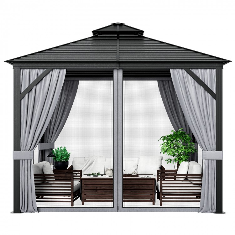 Double-top hardtop gazebo with galvanized steel roof, featuring curtains and mesh netting for outdoor relaxation.