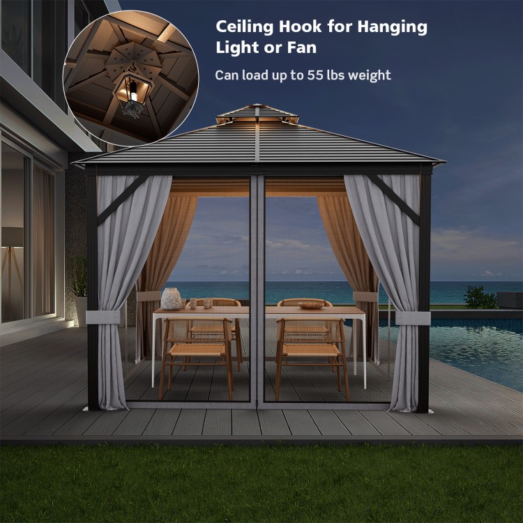10 x 10 feet gray hardtop gazebo with galvanized steel roof, featuring ceiling hook for hanging lights or fans.