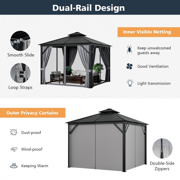 10x10 feet gray hardtop gazebo with galvanized steel roof, featuring dual-rail design and breathable mesh netting for.