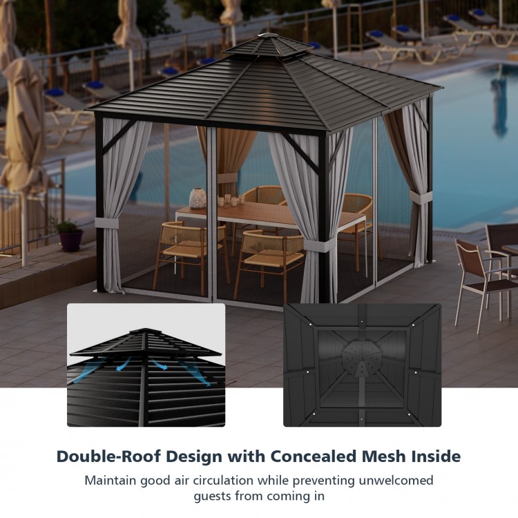 10x10 feet gray double-top hardtop gazebo with galvanized steel roof, featuring concealed mesh for airflow and privacy.