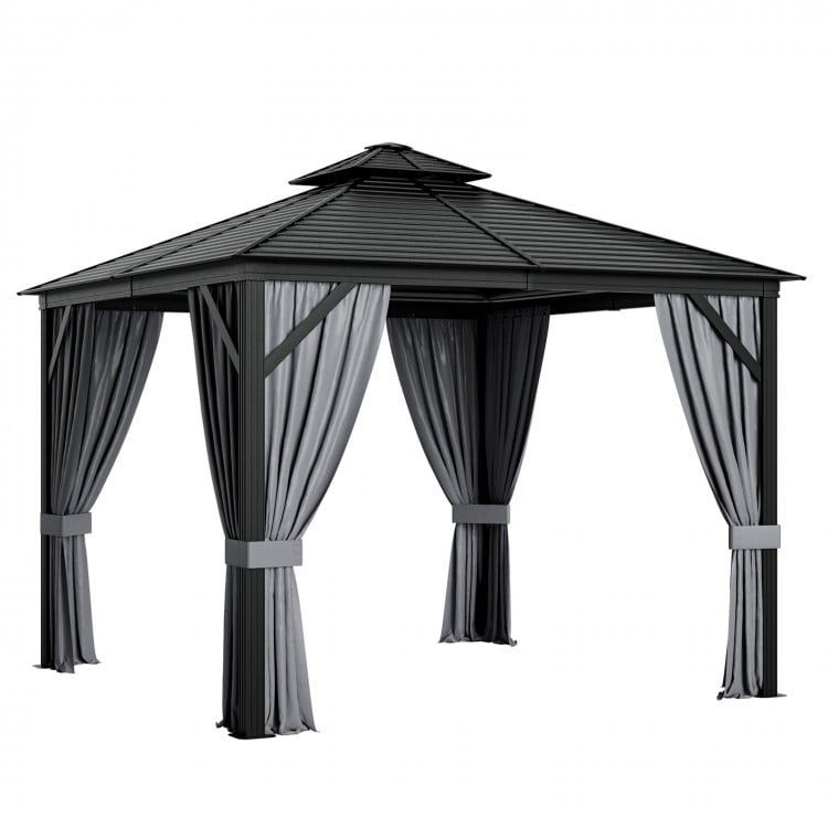 10 x 10 feet double-top hardtop gazebo with a galvanized steel roof, featuring a sturdy aluminum frame for year-round.