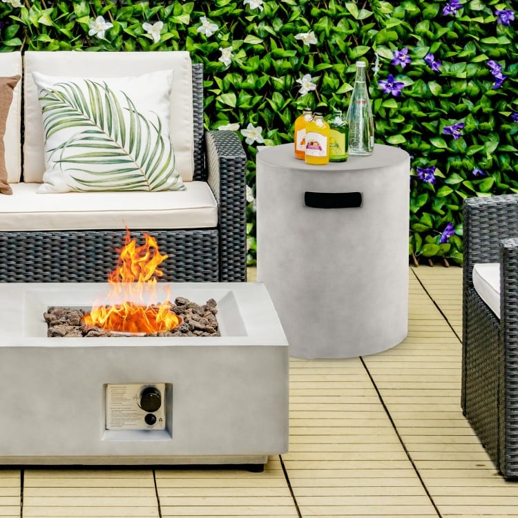 Outdoor weather-resistant tank hideaway table for 20 lbs propane gas tank, featuring a durable design and side handles.