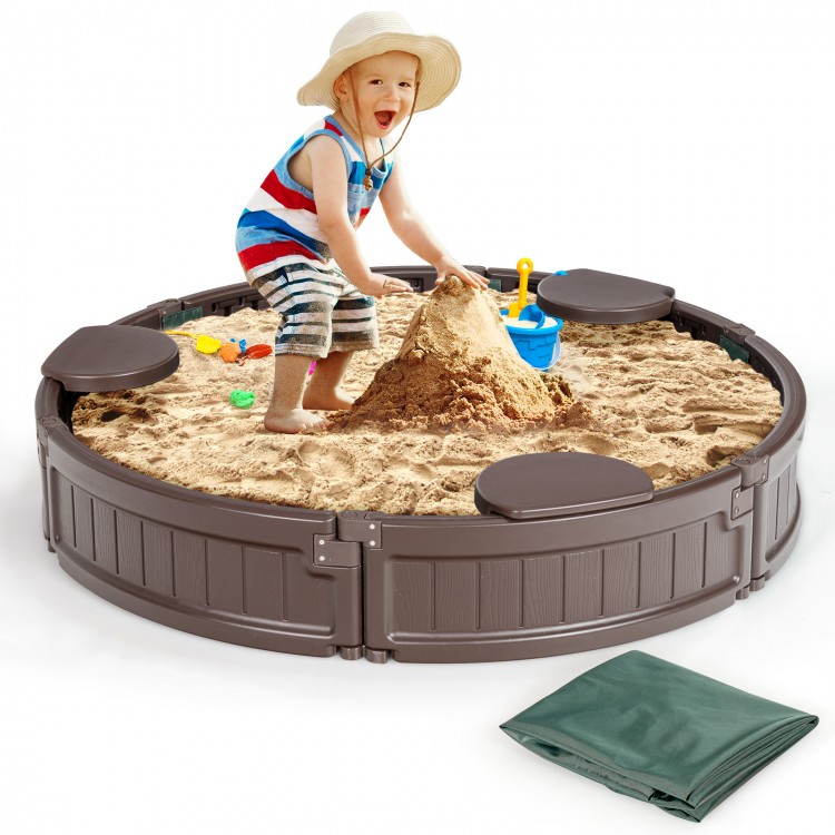 Sandbox with built-in corner seats and cover, made from durable HDPE, perfect for outdoor play and creativity.