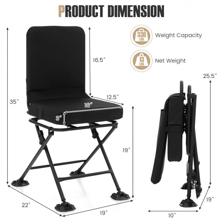 Swivel folding chair with backrest and padded cushion in black, featuring dimensions for easy transport and storage.
