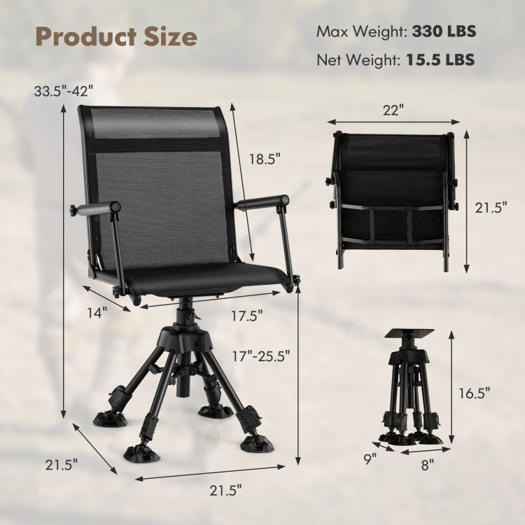 Folding swivel patio chair with adjustable legs, breathable mesh, and rustproof frame for outdoor comfort and.