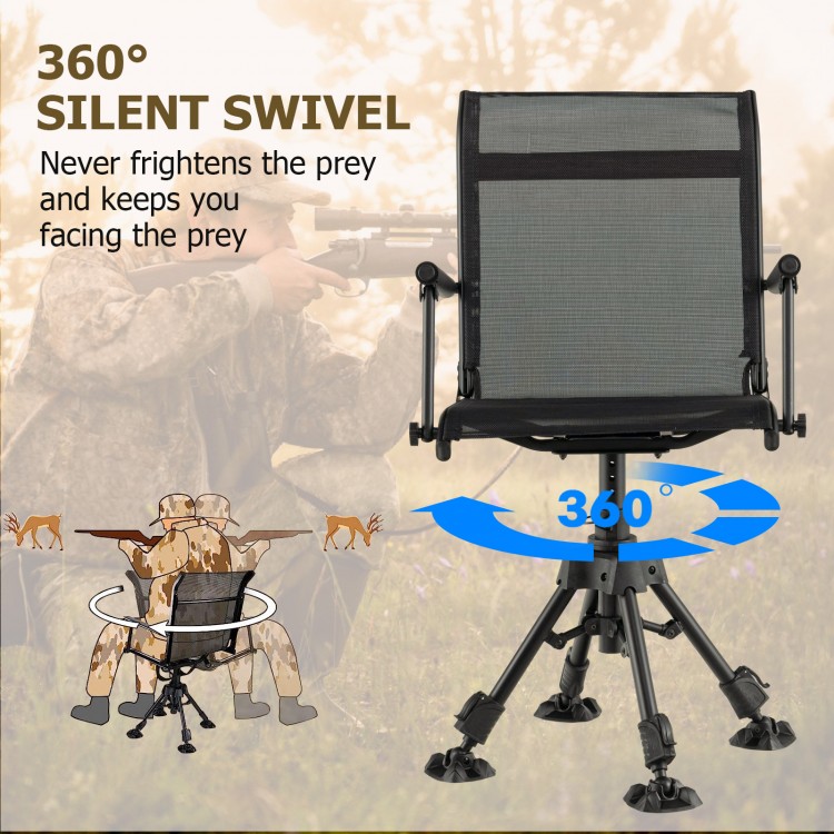 Folding swivel patio chair with adjustable legs, noiseless 360° rotation, and breathable mesh for comfort.