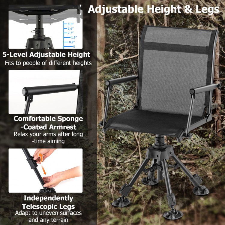 Folding swivel patio chair with adjustable height, ergonomic armrests, and all-terrain swivel feet for versatile use.