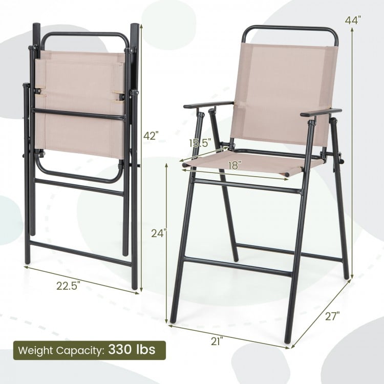 Folding patio bar-height chair with armrests in beige, featuring breathable mesh and a 330 lbs weight capacity.