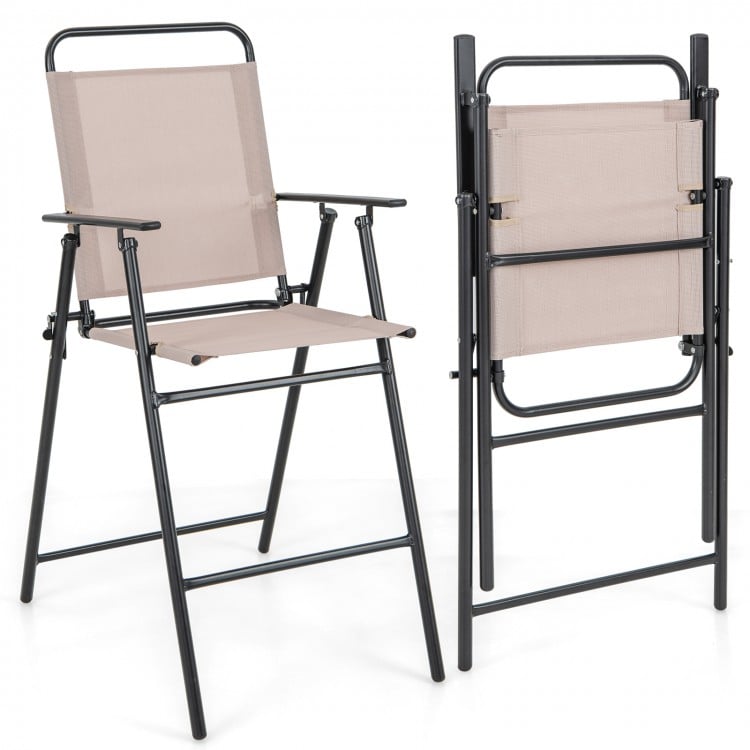 Beige patio folding bar-height chair with armrests, featuring breathable mesh fabric and a compact foldable design for.
