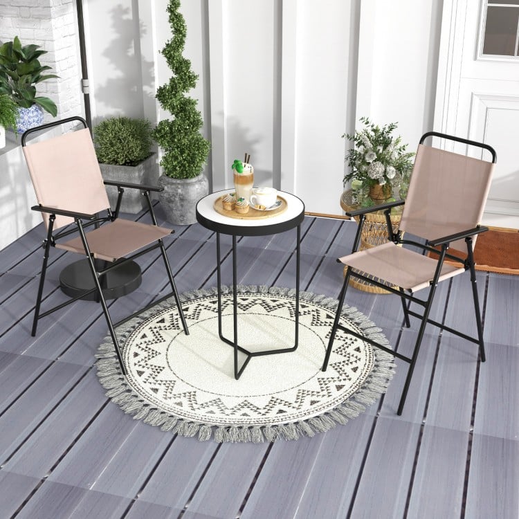 Beige patio folding bar-height chair with armrests, showcasing a compact foldable design for convenient outdoor storage.