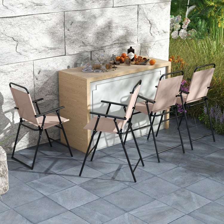 Set of 2 beige patio folding bar-height chairs with armrests, perfect for outdoor relaxation and easy storage.