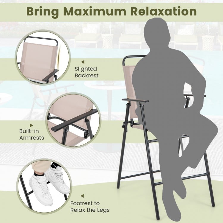 Bar-height folding chair with armrests and beige quick-drying seat, ideal for outdoor patios and relaxation.