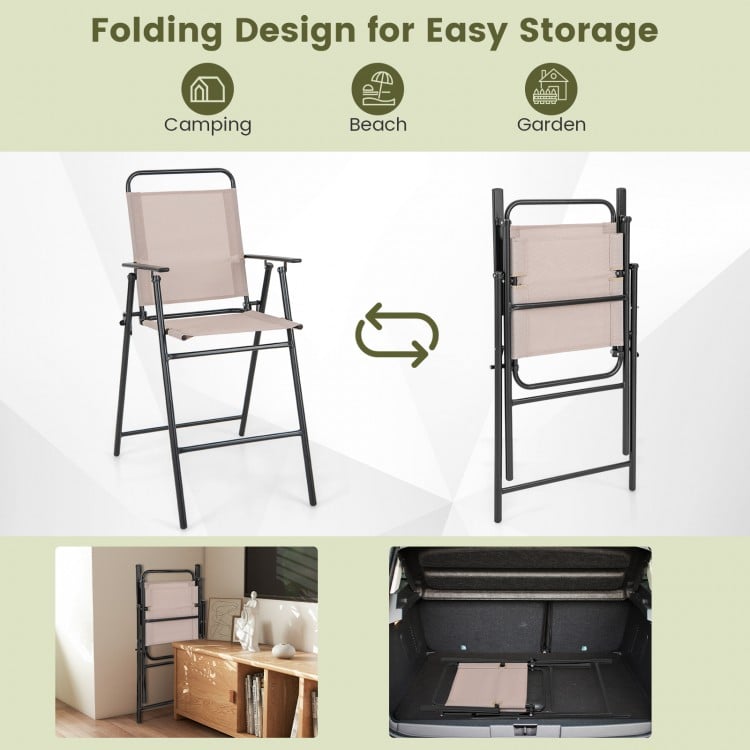 Folding bar-height chair with armrests in beige, featuring breathable mesh and compact design for easy storage and.