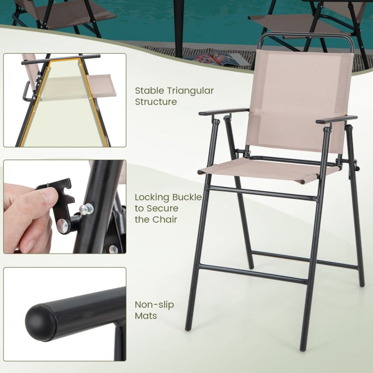 Patio folding bar-height chair with armrests, beige quick-drying seat, and locking buckle for outdoor relaxation.