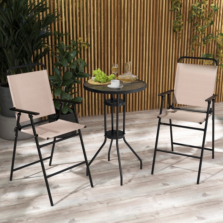 Beige folding chair with armrests and non-slip foot pads from the 3 Pieces Outdoor Bistro Set, perfect for backyard.