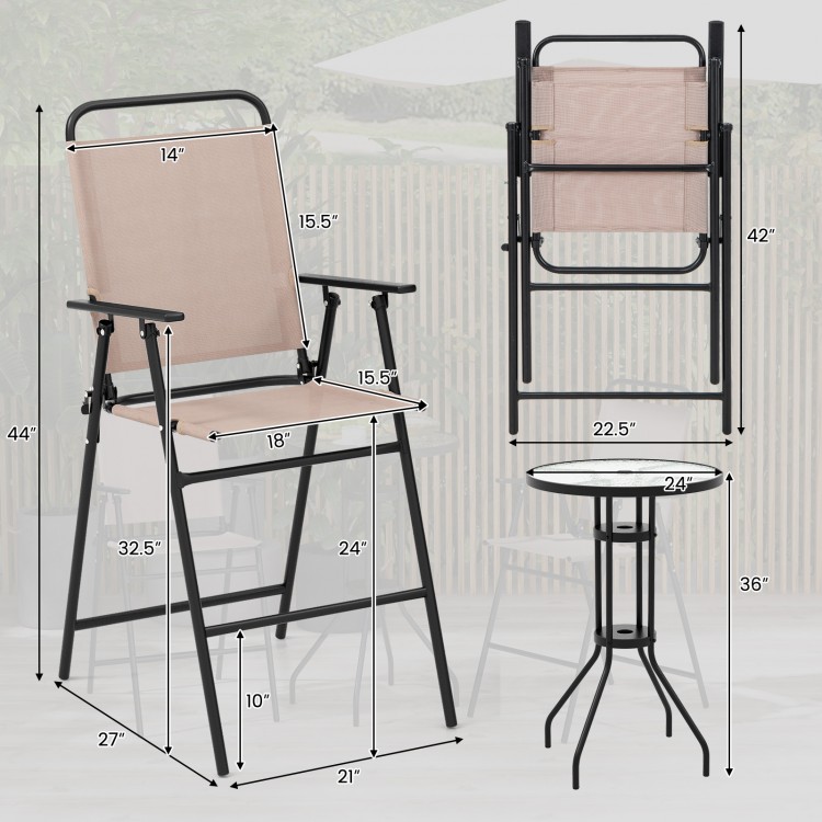 Folding chair from the 3 Pieces Outdoor Bistro Set in beige, featuring armrests, footrest, and safety lock design.