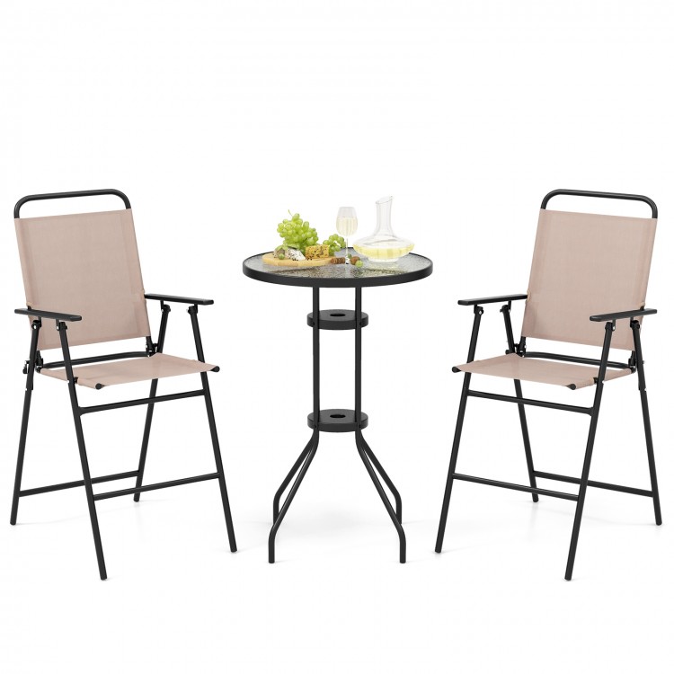 Beige 3-piece outdoor bistro set featuring two folding chairs and a round table, perfect for patio or poolside use.