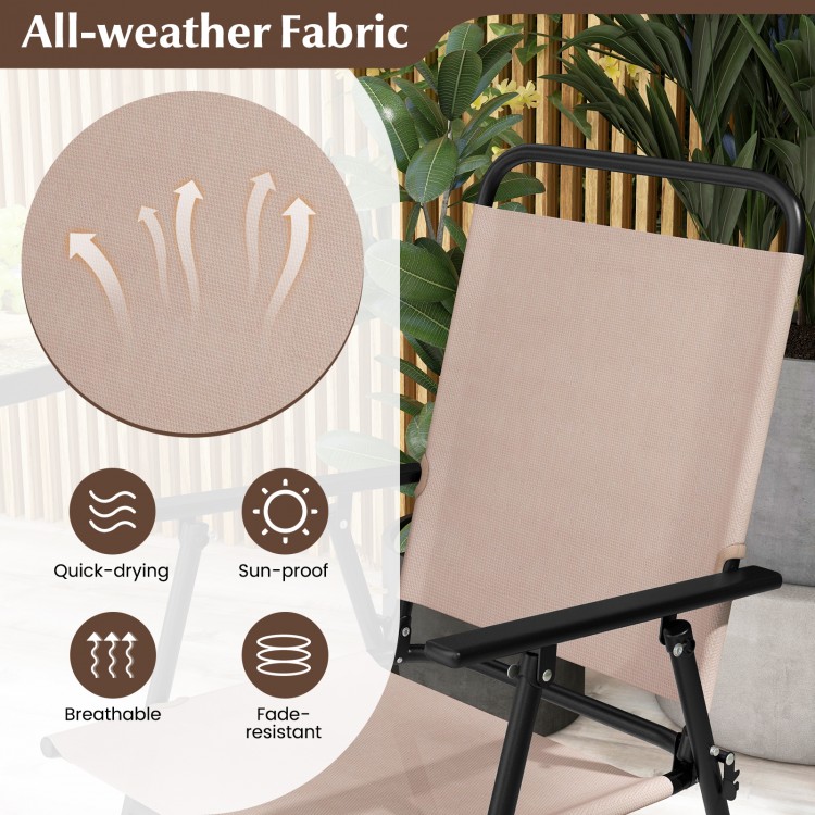 Detail of the all-weather fabric on a beige folding chair from the 3 Pieces Outdoor Bistro Set, designed for easy.