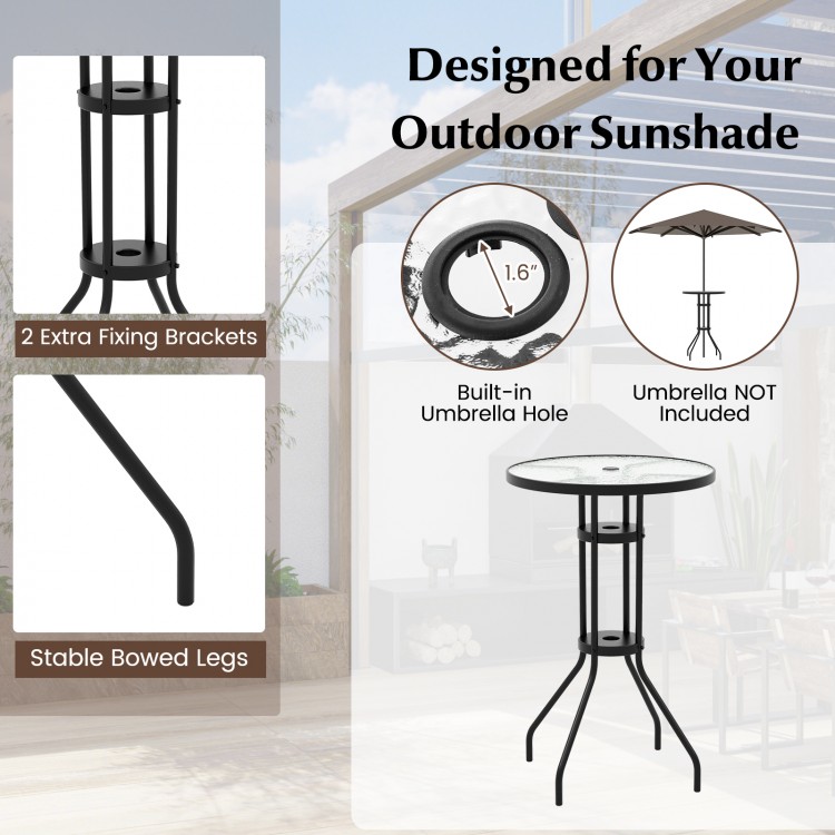 Outdoor bistro set featuring a round table with an umbrella hole and two folding chairs for patio or poolside use.