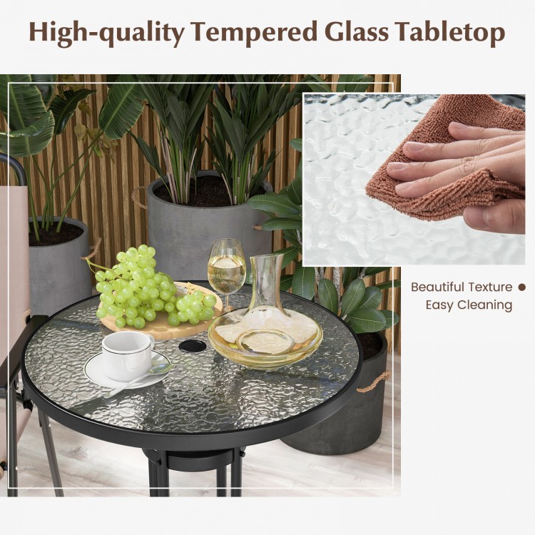 Tempered glass tabletop of the 3-piece outdoor bistro set, featuring easy cleaning and a beautiful texture for patio.