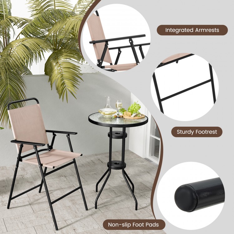 Folding chair from the 3 Pieces Outdoor Bistro Set in beige, featuring integrated armrests and non-slip foot pads for.