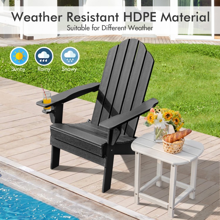 Black foldable weather-resistant patio chair with built-in cup holder, perfect for outdoor relaxation by the poolside.