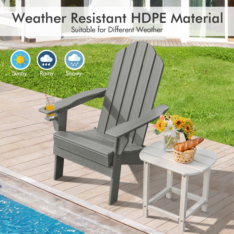 Gray foldable patio chair featuring an ergonomic backrest and wide armrests, ideal for outdoor comfort and relaxation.