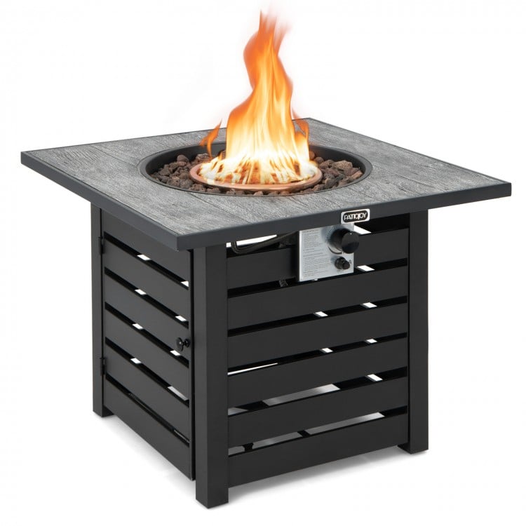 Square propane fire pit table with lava rocks, featuring a durable steel frame and adjustable flame control for outdoor.