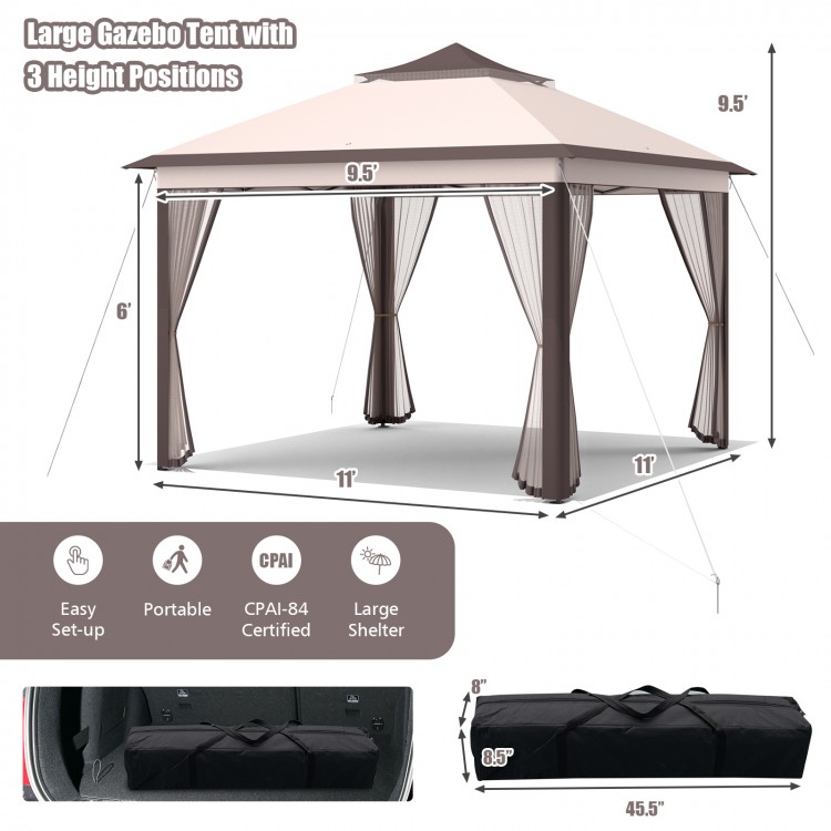 Large 11 x 11 feet pop-up gazebo tent in beige with mesh netting, adjustable height, and portable carry bag for outdoor.
