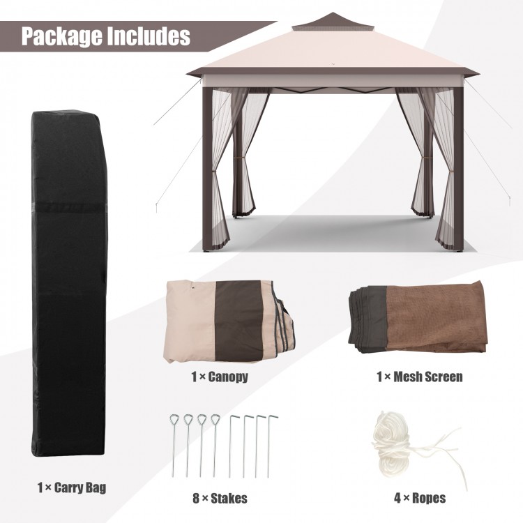 Portable 2-tier 11x11 feet pop-up gazebo tent in beige with mesh screen, carry bag, stakes, and ropes for outdoor use.