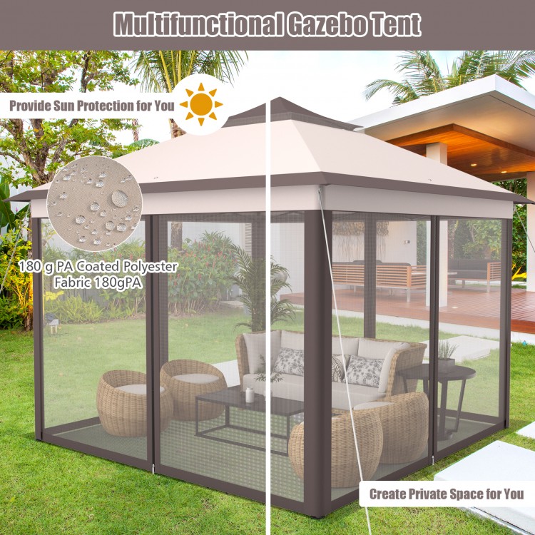 11 x 11 feet pop-up gazebo tent with beige mesh netting, double-vented roof, and portable carry bag for outdoor use.