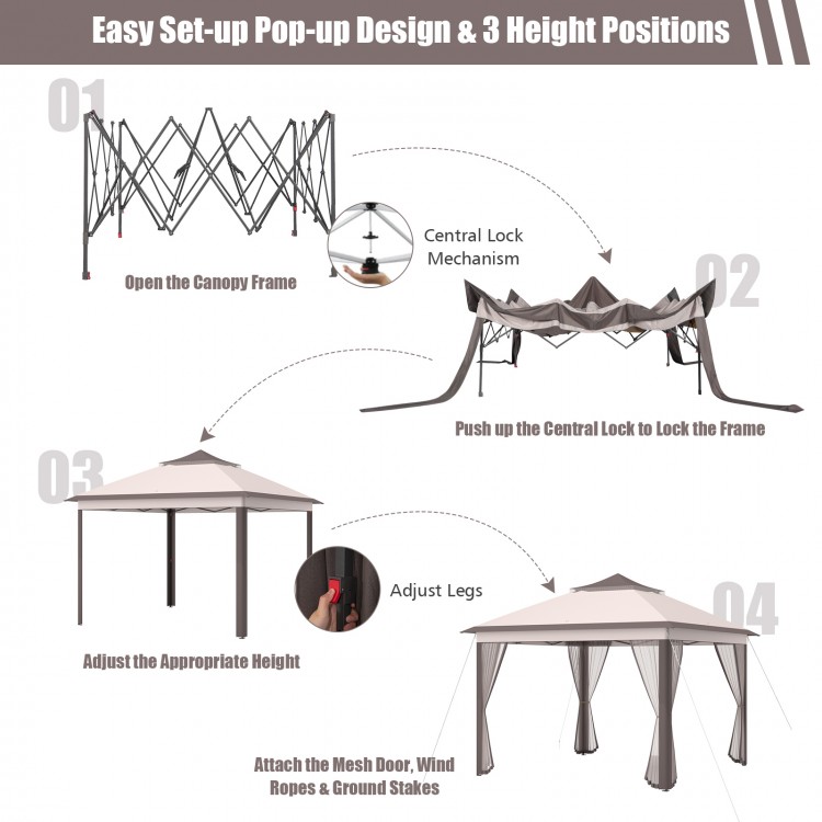 Pop-up 2-tier gazebo tent with mesh netting, adjustable height, and portable carry bag for outdoor use.