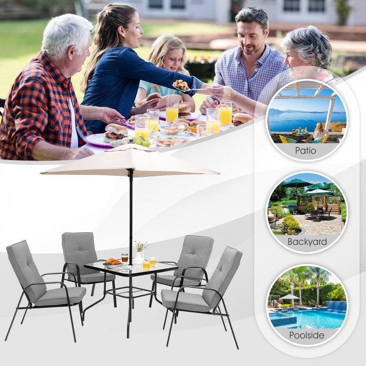 6-piece patio dining set featuring cushioned stackable chairs and a large umbrella, perfect for outdoor gatherings.