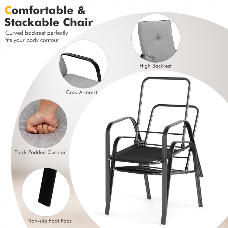 Stackable cushioned chair with curved backrest and armrests, featuring a sturdy steel frame for outdoor comfort.