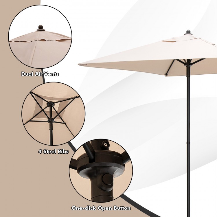Close-up of the patio umbrella featuring dual air vents and a one-click open button for easy use and sun protection.