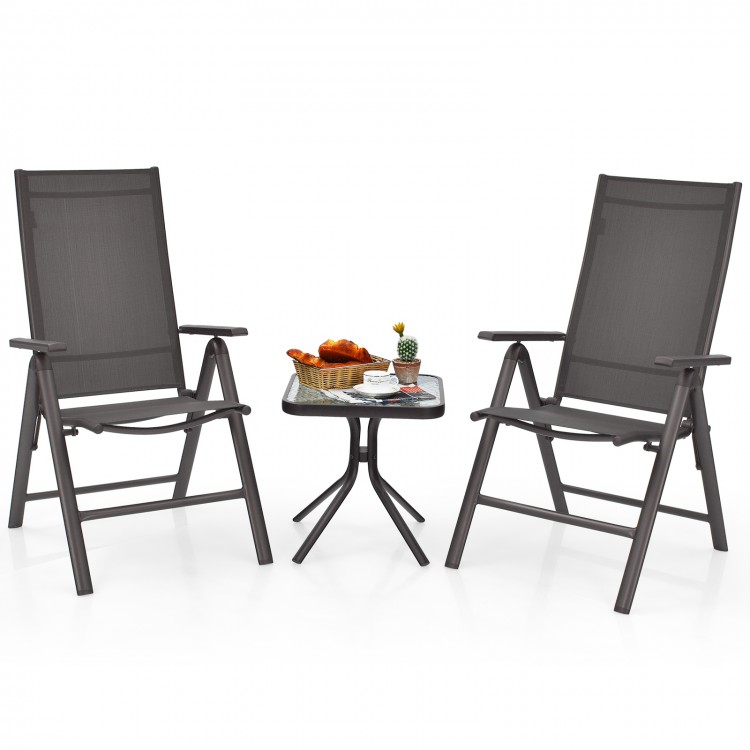 Two gray patio folding dining chairs with adjustable backrests and a small table, perfect for outdoor relaxation.