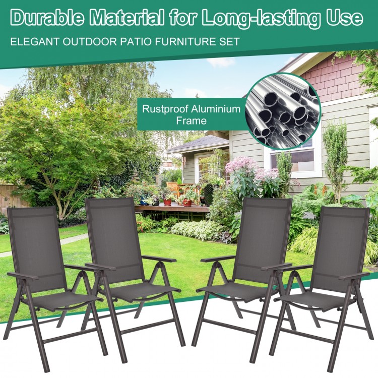 Adjustable gray patio dining chairs with rustproof aluminum frame, perfect for outdoor relaxation and space-saving.