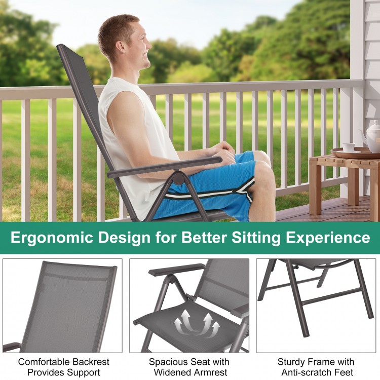 Adjustable gray patio folding dining chair with ergonomic design, sturdy aluminum frame, perfect for outdoor relaxation.