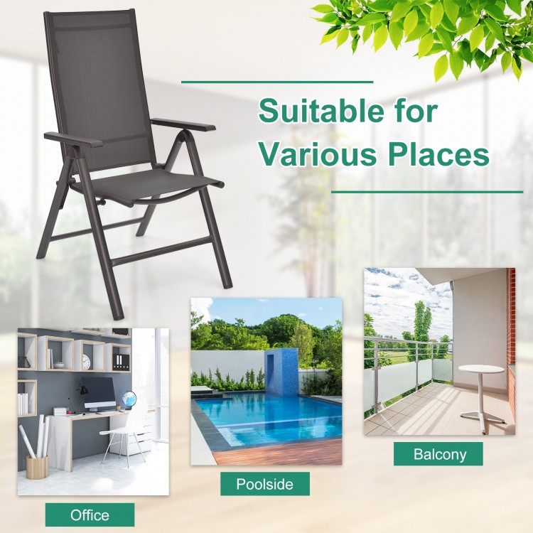 Gray aluminum patio folding dining chair with adjustable backrest, perfect for poolside, balcony, or outdoor use.