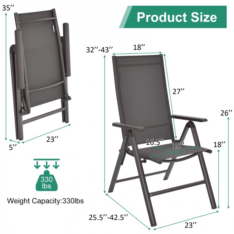 Folding patio dining chair set in gray with adjustable backrest, sturdy aluminum frame, perfect for outdoor relaxation.