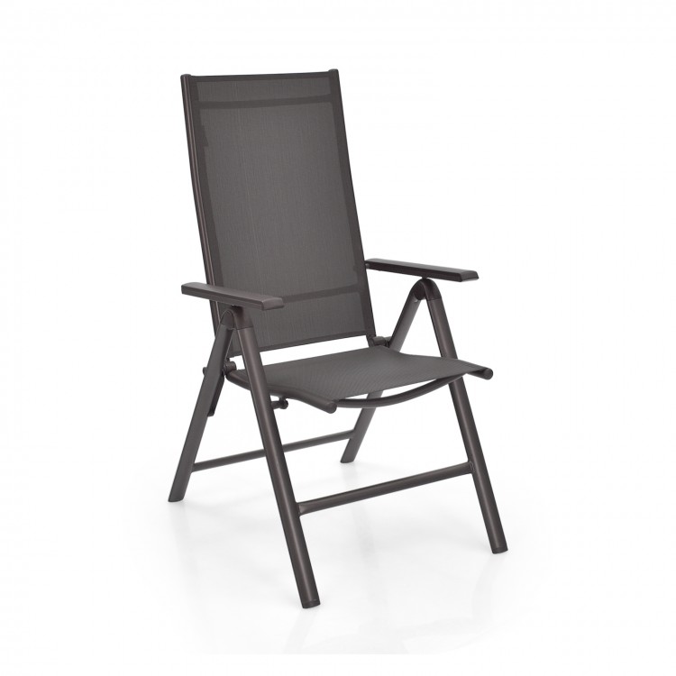 Gray patio folding dining chair with adjustable backrest, sturdy aluminum frame, perfect for outdoor relaxation.
