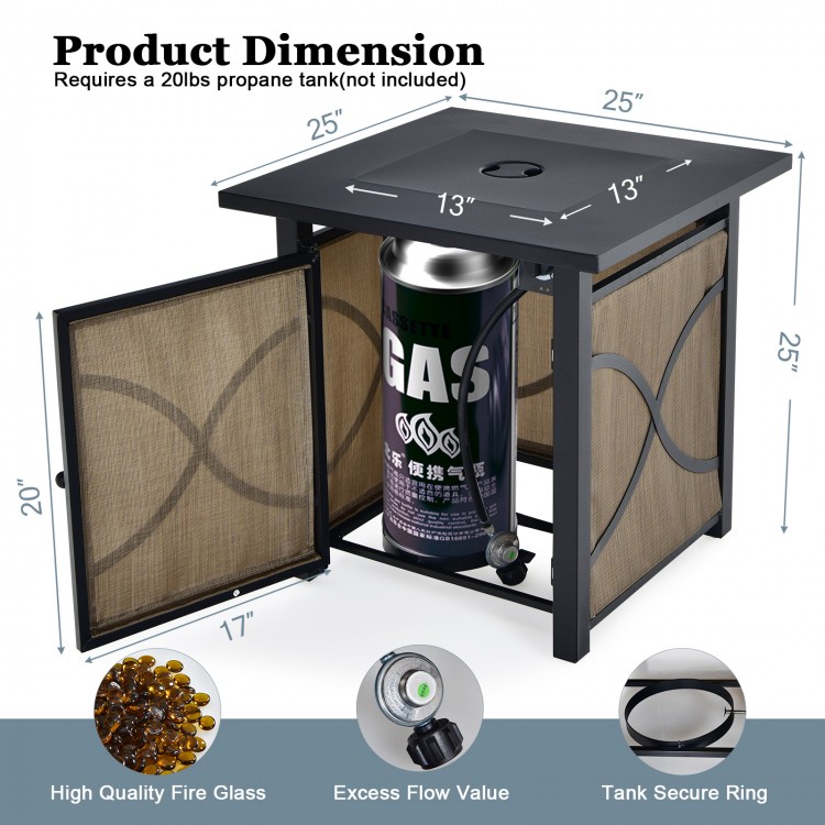 25-inch propane fire pit table with lid, stainless steel burner, and fire glass for outdoor patio use.
