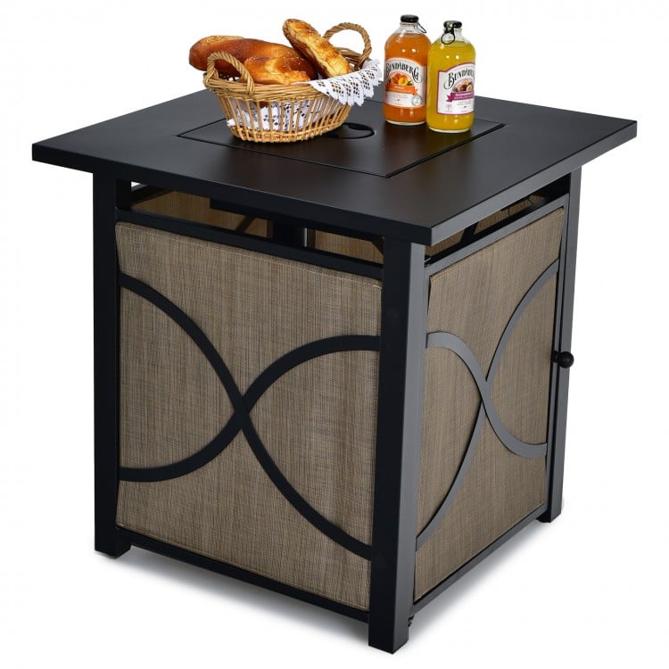 25-inch propane fire pit table with removable lid, stainless steel burner, and fire glass, perfect for outdoor patios.