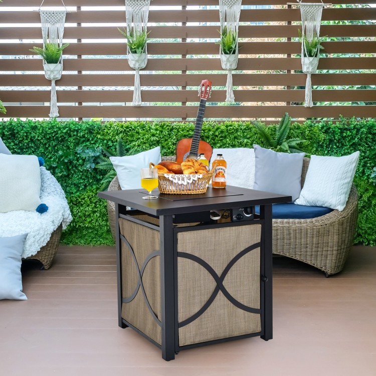 25-inch propane fire pit table with lid, 40,000 BTU, stainless steel burner, ideal for outdoor patio use.
